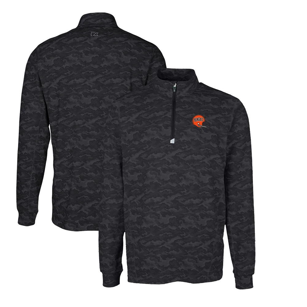 Men's Cutter & Buck Black Cincinnati Bengals Throwback Logo Traverse Camo Print Stretch Quarter-Zip Pullover Top