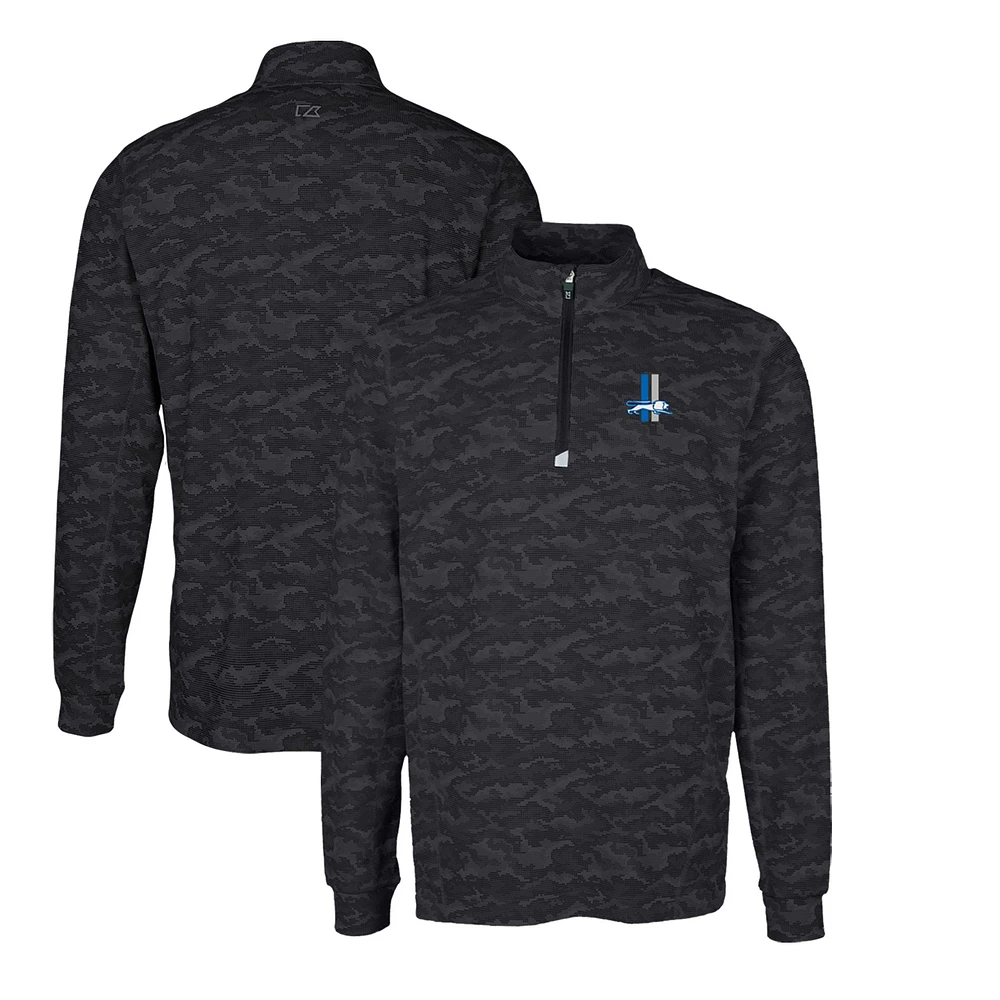 Men's Cutter & Buck Black Detroit Lions Throwback Logo Traverse Camo Print Stretch Quarter-Zip Pullover Top