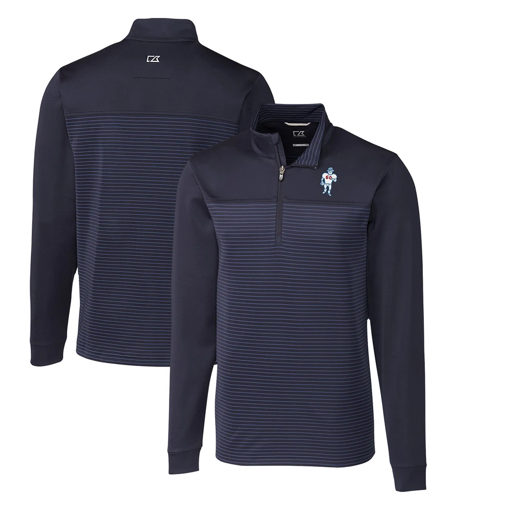 Men's Cutter & Buck Navy Houston Oilers Throwback Logo Traverse Stripe Stretch Quarter-Zip Pullover Top