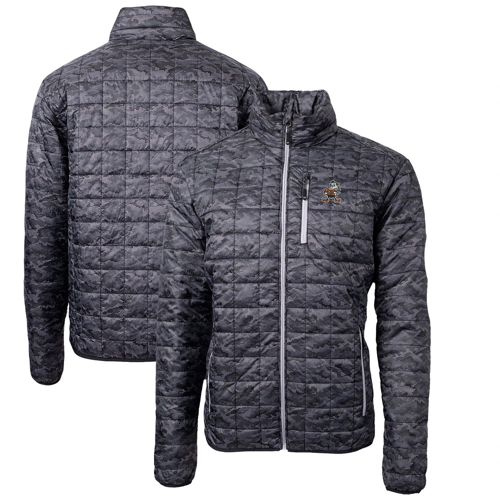 Men's Cutter & Buck Black Cleveland Browns Throwback Logo Rainier Eco Insulated Full-Zip Printed Puffer Jacket