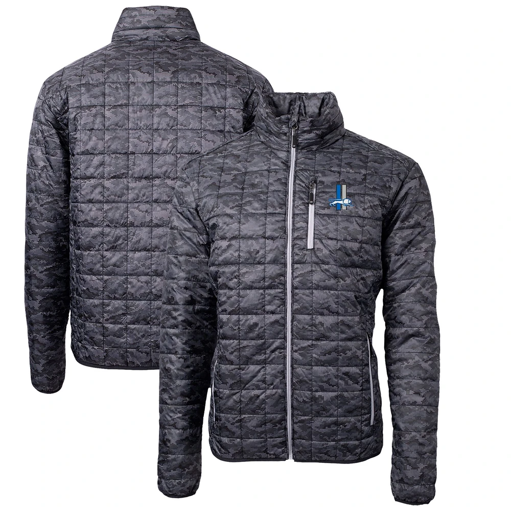 Men's Cutter & Buck Black Detroit Lions Throwback Logo Rainier Eco Insulated Full-Zip Printed Puffer Jacket