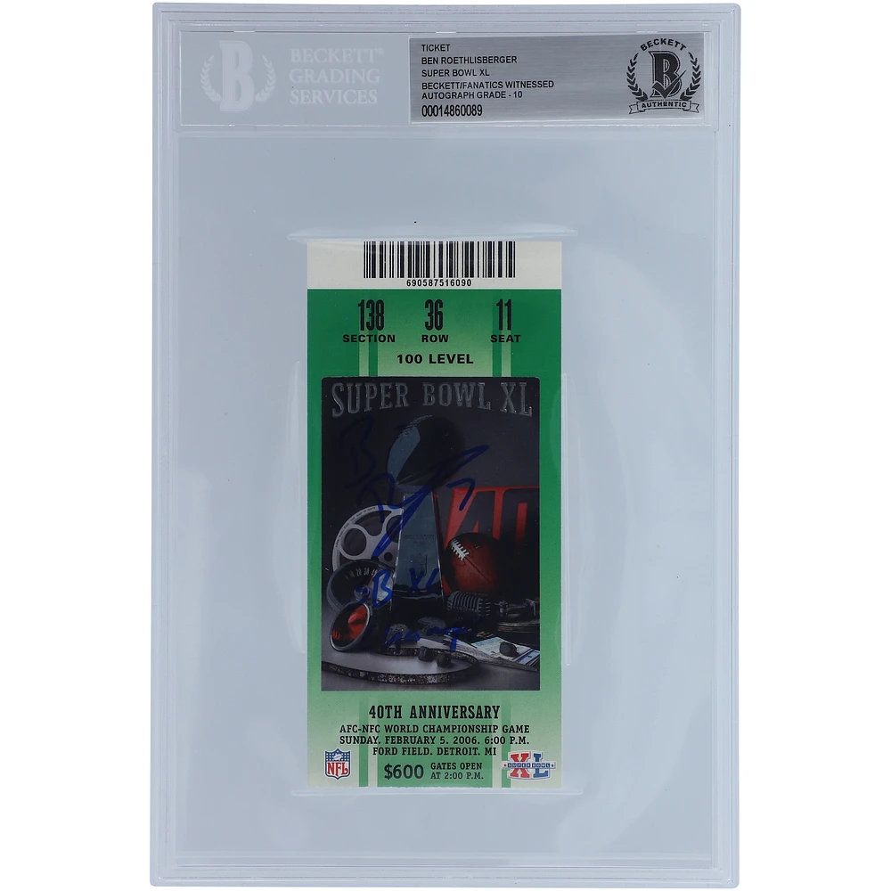 Ben Roethlisberger Pittsburgh Steelers Autographed Green Ticket from Super XL with "SB XL Champs" Inscription - BAS Authenticated Graded 10