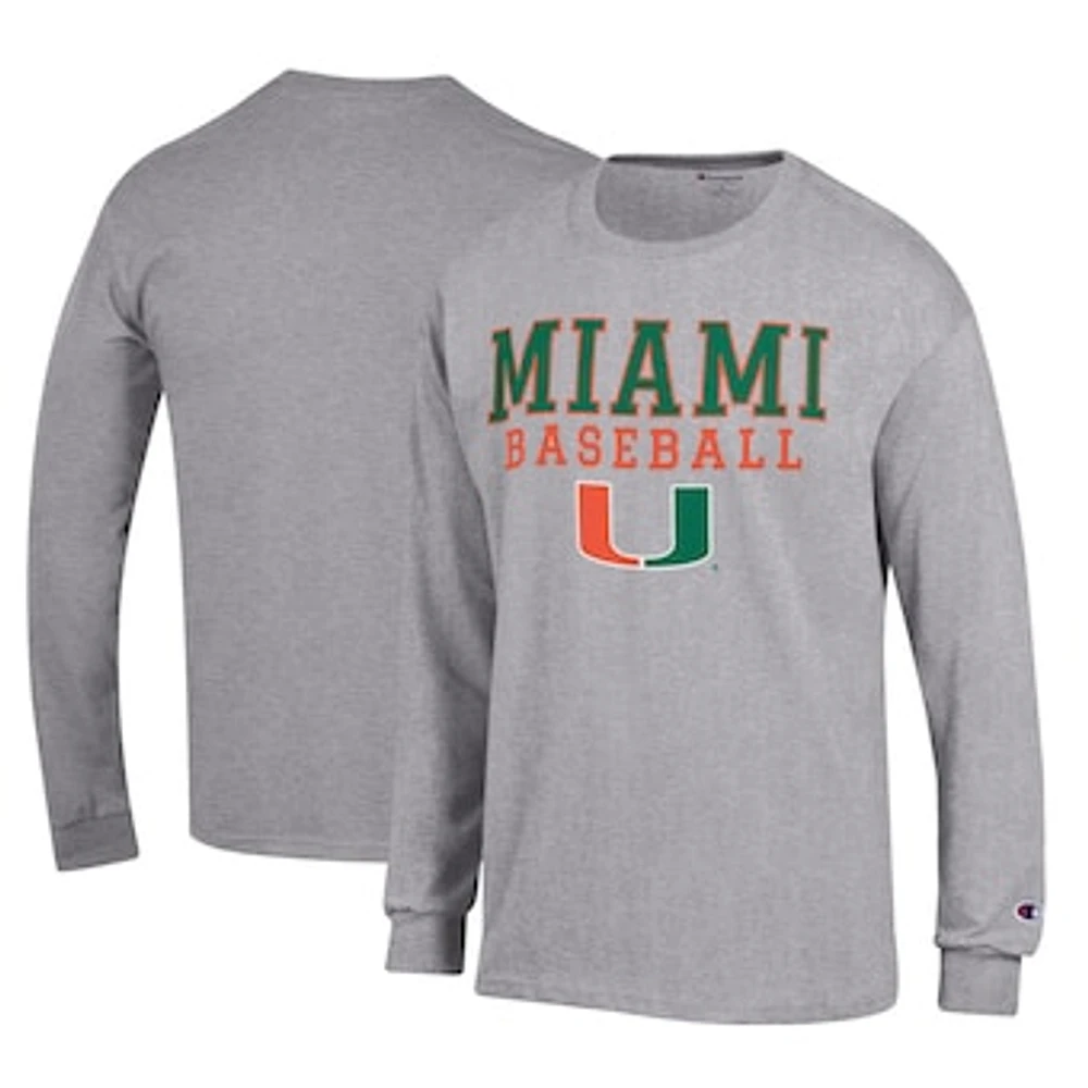 Men's Champion Gray Miami Hurricanes Primary Team Logo Stack Baseball Powerblend Long Sleeve T-Shirt