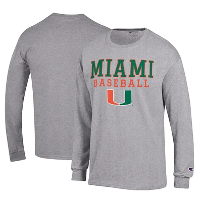 Men's Champion Gray Miami Hurricanes Primary Team Logo Stack Baseball Powerblend Long Sleeve T-Shirt
