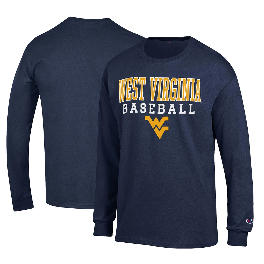 Men's Champion Blue West Virginia Mountaineers Primary Team Logo Stack Baseball Powerblend Long Sleeve T-Shirt