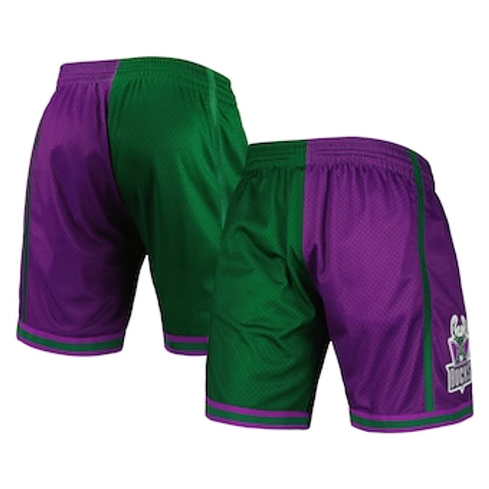 Men's Mitchell & Ness Green/Purple Milwaukee Bucks Hardwood Classics 1996 Split Swingman Shorts