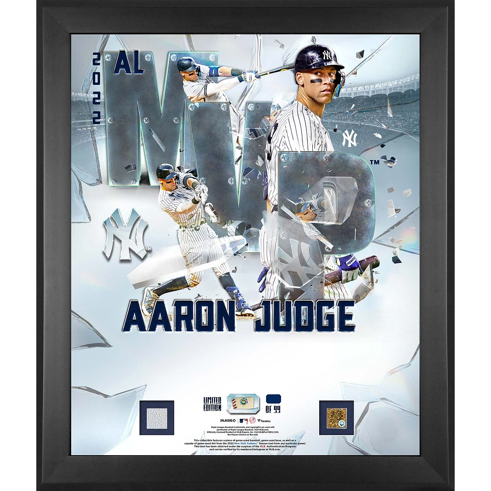 Aaron Judge New York Yankees 2022 AL MVP Framed 20'' x 24'' Collage with Pieces of Game-Used Dirt Baseball and Base - Limited Edition of 999