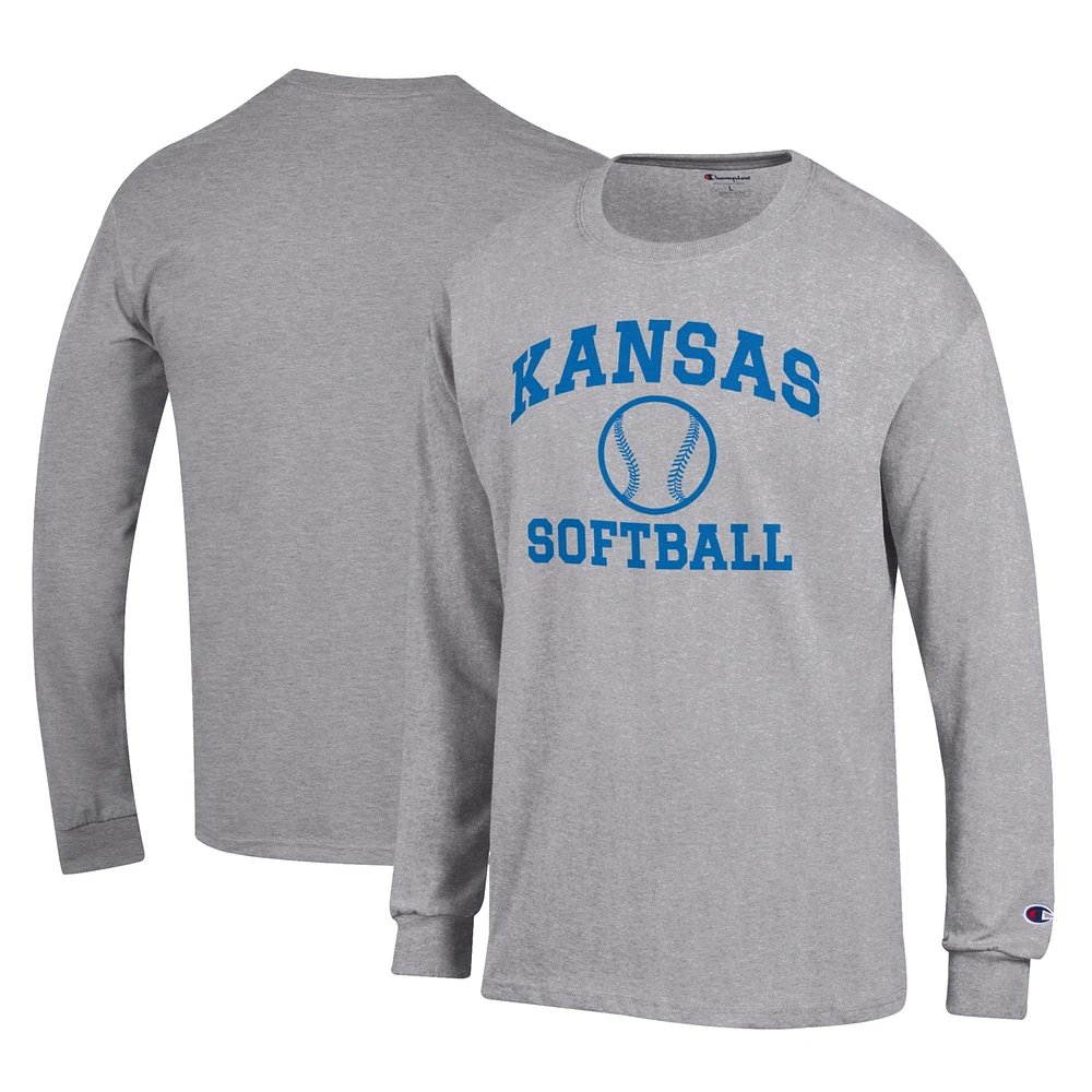 Men's Champion Gray Kansas Jayhawks Primary Team Logo Icon Softball Powerblend Long Sleeve T-Shirt