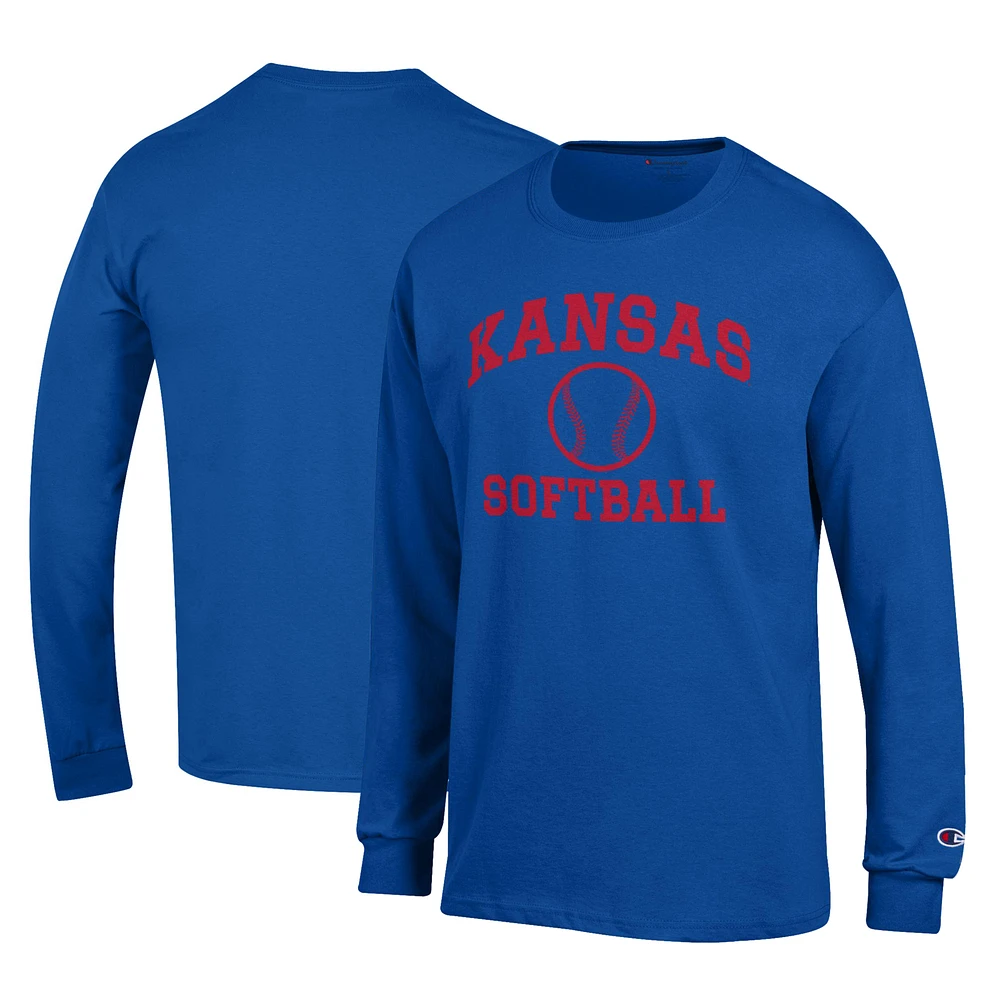 Men's Champion Royal Kansas Jayhawks Primary Team Logo Icon Softball Powerblend Long Sleeve T-Shirt