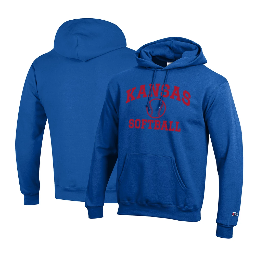 Men's Champion Royal Kansas Jayhawks Primary Team Logo Icon Softball Powerblend Pullover Hoodie
