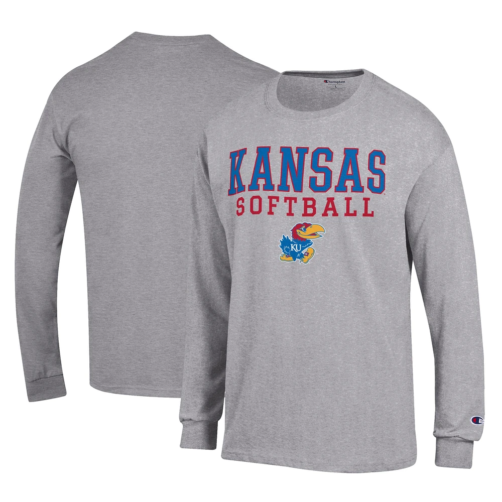 Men's Champion Gray Kansas Jayhawks Primary Team Logo Stack Softball Powerblend Long Sleeve T-Shirt