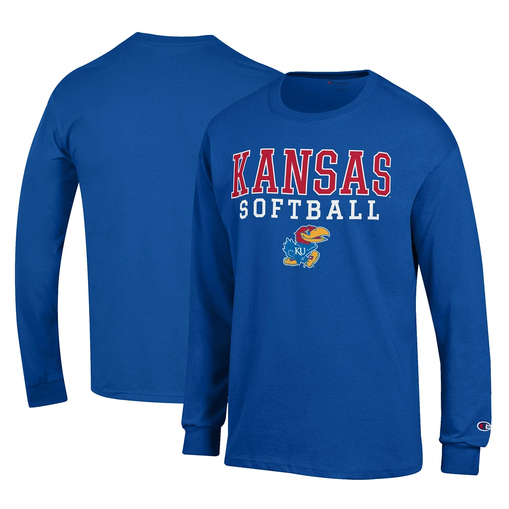 Men's Champion Royal Kansas Jayhawks Primary Team Logo Stack Softball Powerblend Long Sleeve T-Shirt