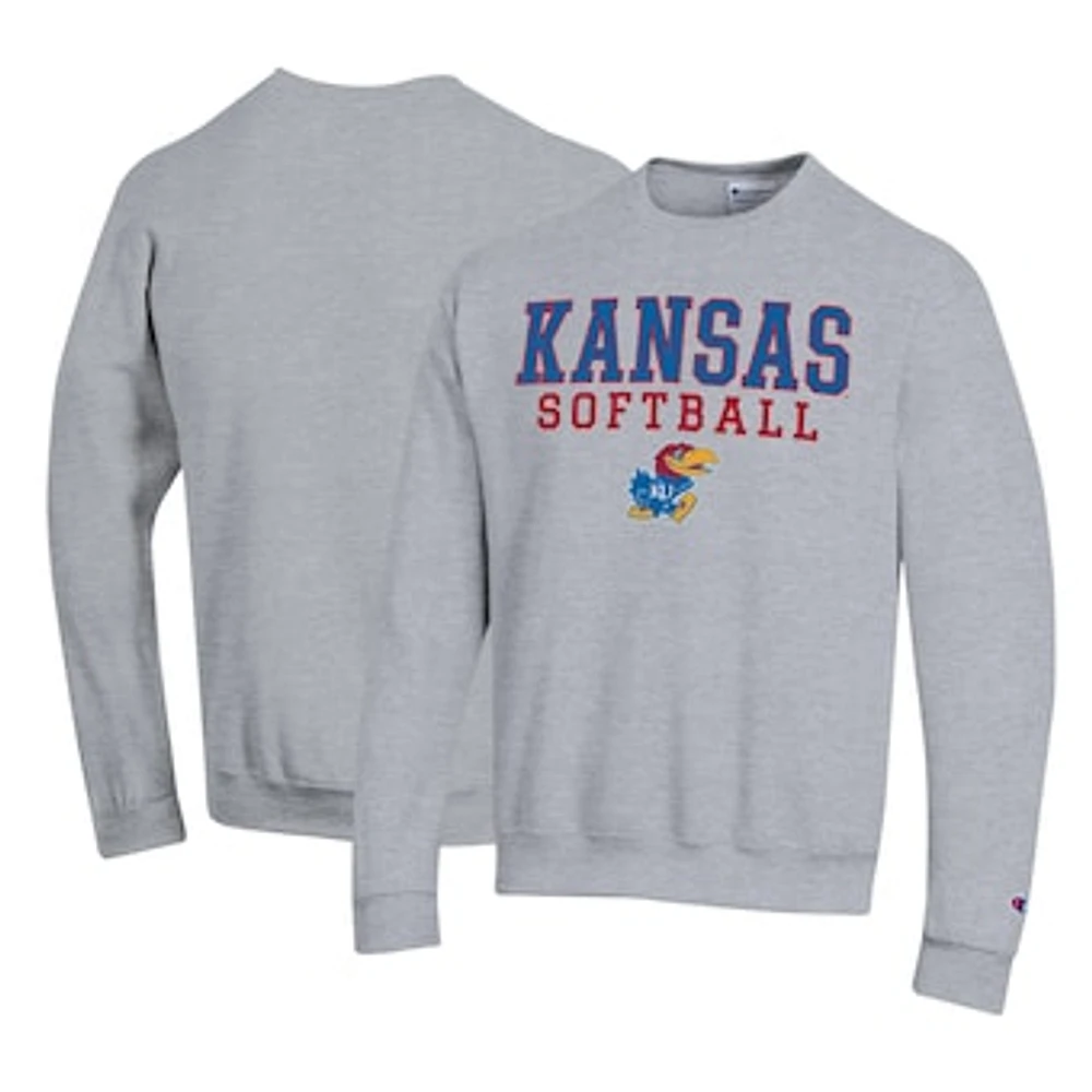 Men's Champion Gray Kansas Jayhawks Primary Team Logo Stack Softball Powerblend Pullover Sweatshirt
