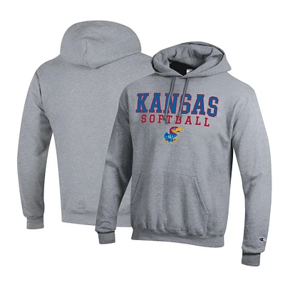 Men's Champion Gray Kansas Jayhawks Primary Team Logo Stack Softball Powerblend Pullover Hoodie