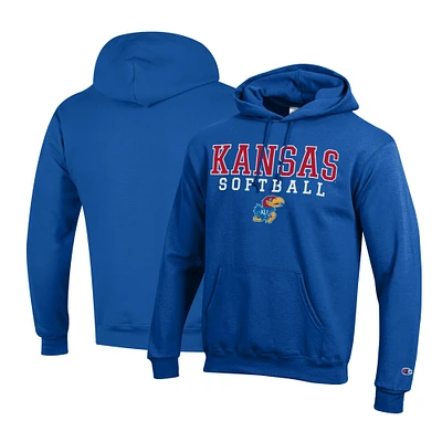 Men's Champion Royal Kansas Jayhawks Primary Team Logo Stack Softball Powerblend Pullover Hoodie