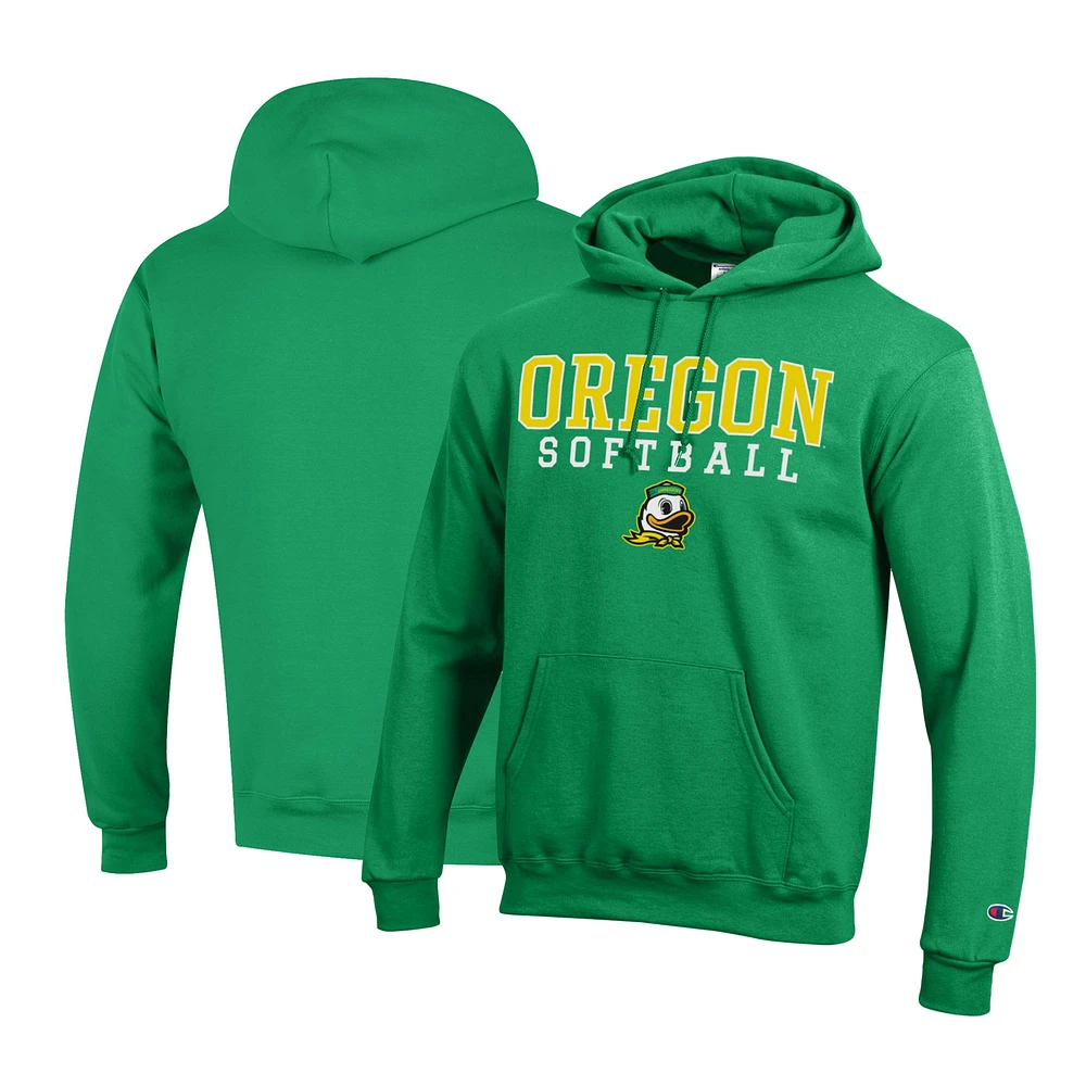 Men's Champion Green Oregon Ducks Primary Team Logo Stack Softball Powerblend Pullover Hoodie