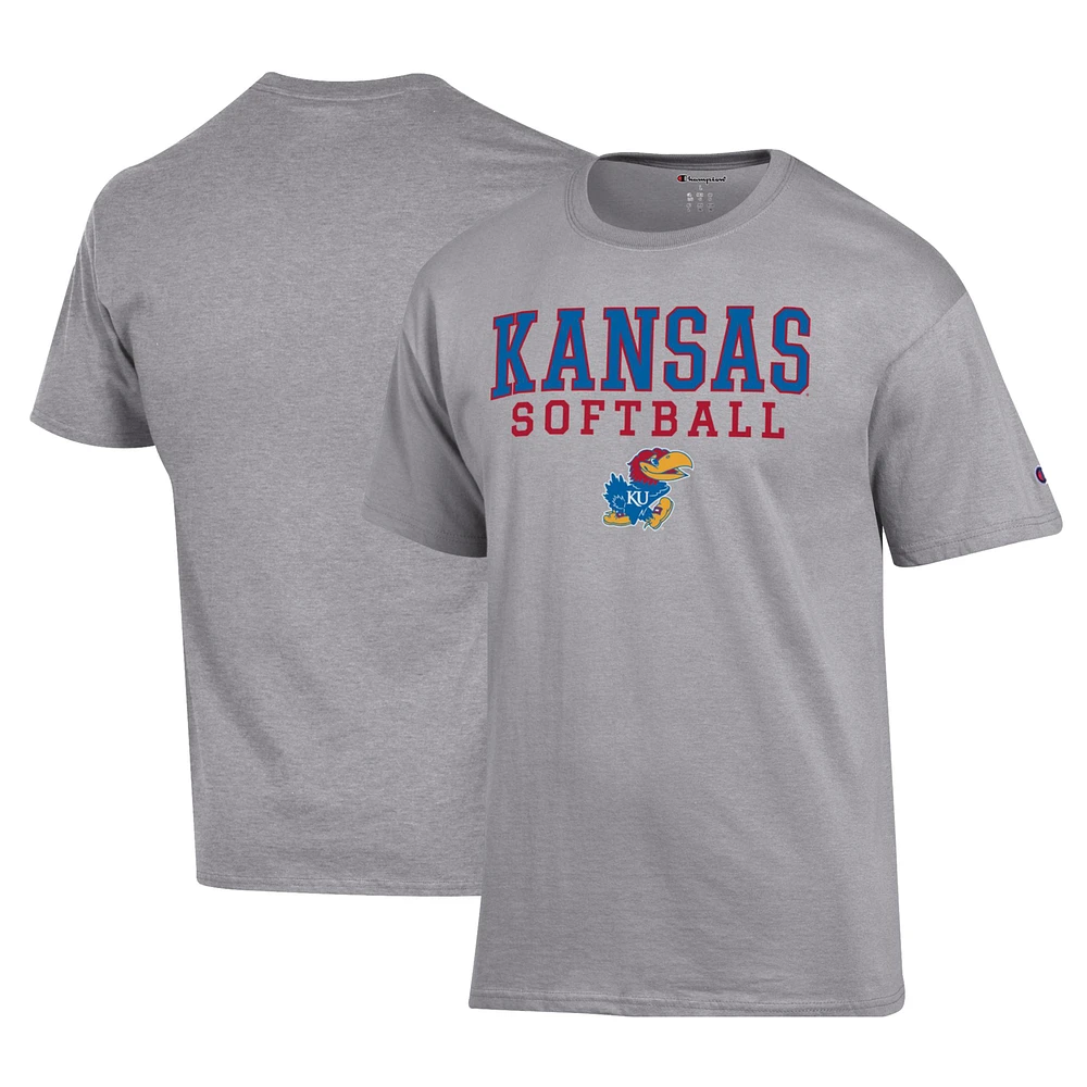 Men's Champion Gray Kansas Jayhawks Primary Team Logo Stack Softball Powerblend T-Shirt