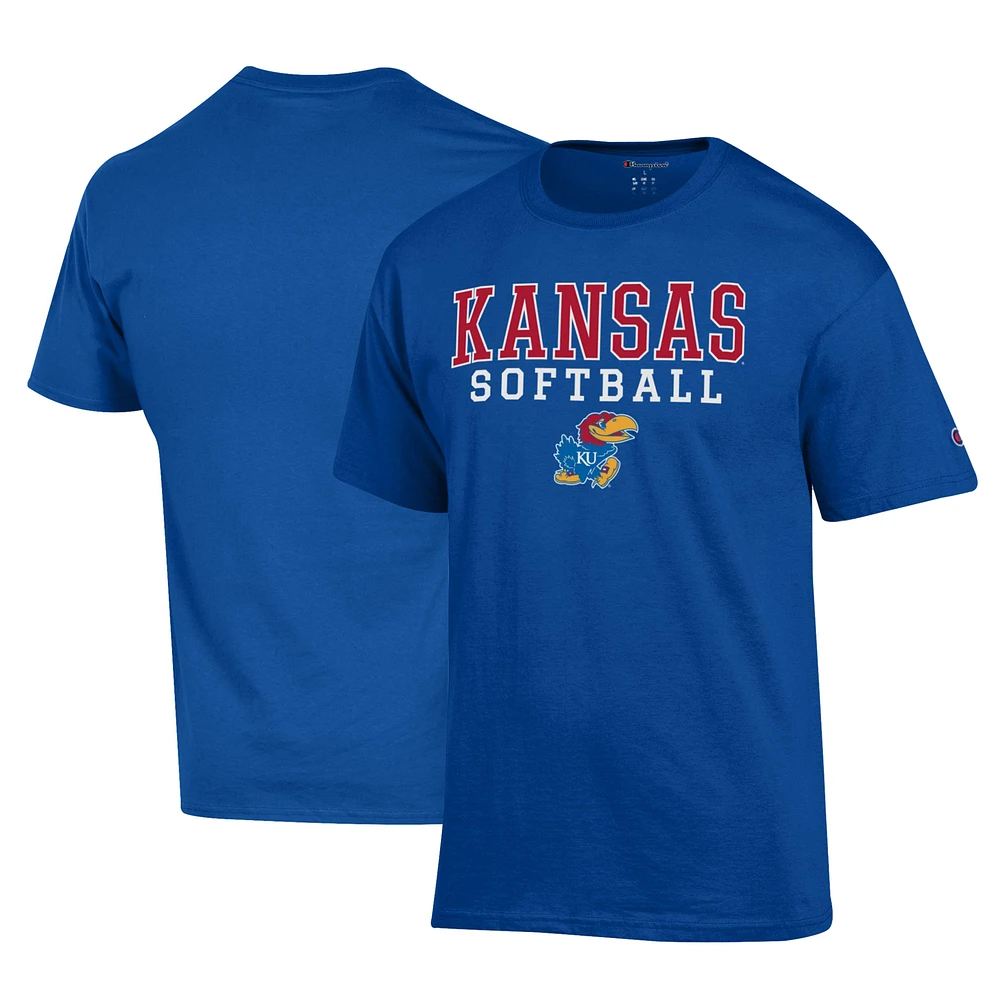 Men's Champion Royal Kansas Jayhawks Primary Team Logo Stack Softball Powerblend T-Shirt