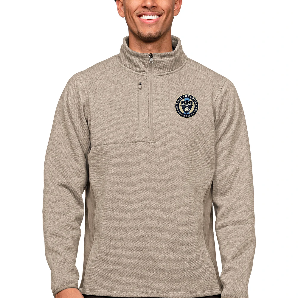 Men's Antigua Oatmeal Philadelphia Union Primary Team Logo Course Quarter-Zip Pullover Top