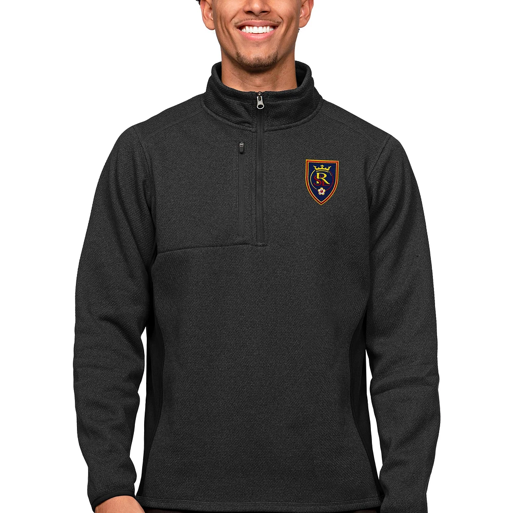 Men's Antigua Heather Black Real Salt Lake Primary Team Logo Course Quarter-Zip Pullover Top