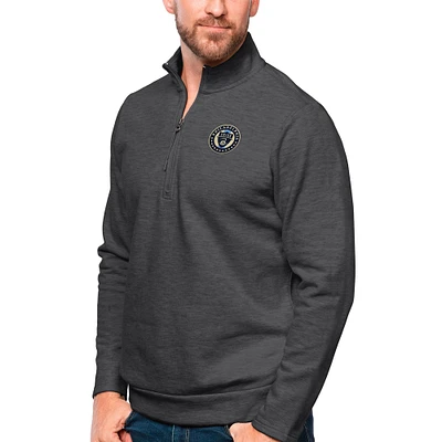 Men's Antigua Heather Charcoal Philadelphia Union Primary Team Logo Gambit Quarter-Zip Pullover Top