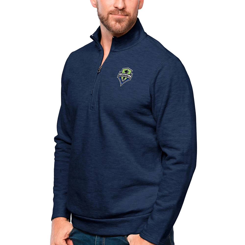 Men's Antigua Heather Navy Seattle Sounders FC Primary Team Logo Gambit Quarter-Zip Pullover Top