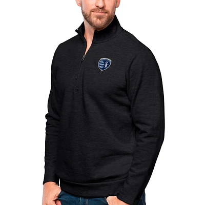 Men's Antigua Heather Black Sporting Kansas City Primary Team Logo Gambit Quarter-Zip Pullover Top