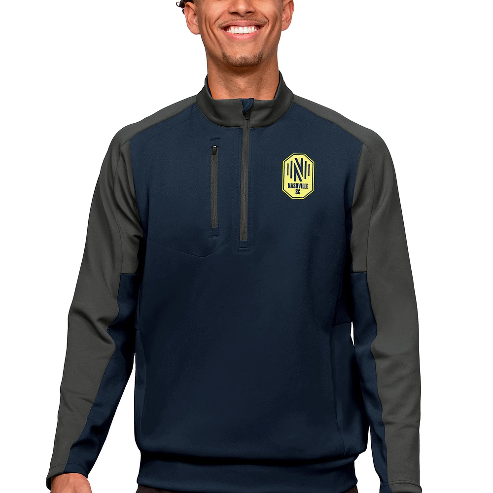 Men's Antigua Navy/Charcoal Nashville SC Primary Team Logo Team Quarter-Zip Pullover Top