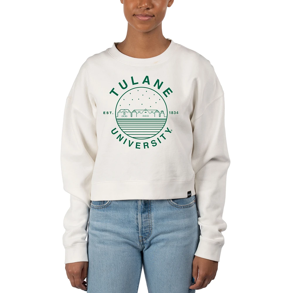 Women's Uscape Apparel White Tulane Green Wave Fleece Crop Pullover Sweatshirt