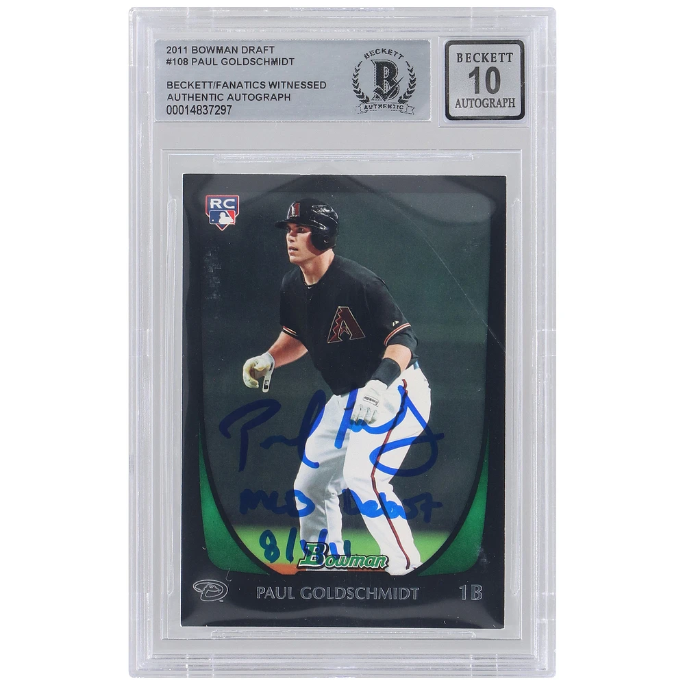 Paul Goldschmidt Arizona Diamondbacks Autographed 2011 Bowman Draft MLB #108 Beckett Fanatics Witnessed Authenticated 10 Rookie Card with "MLB Debut 8/1/11" Inscription