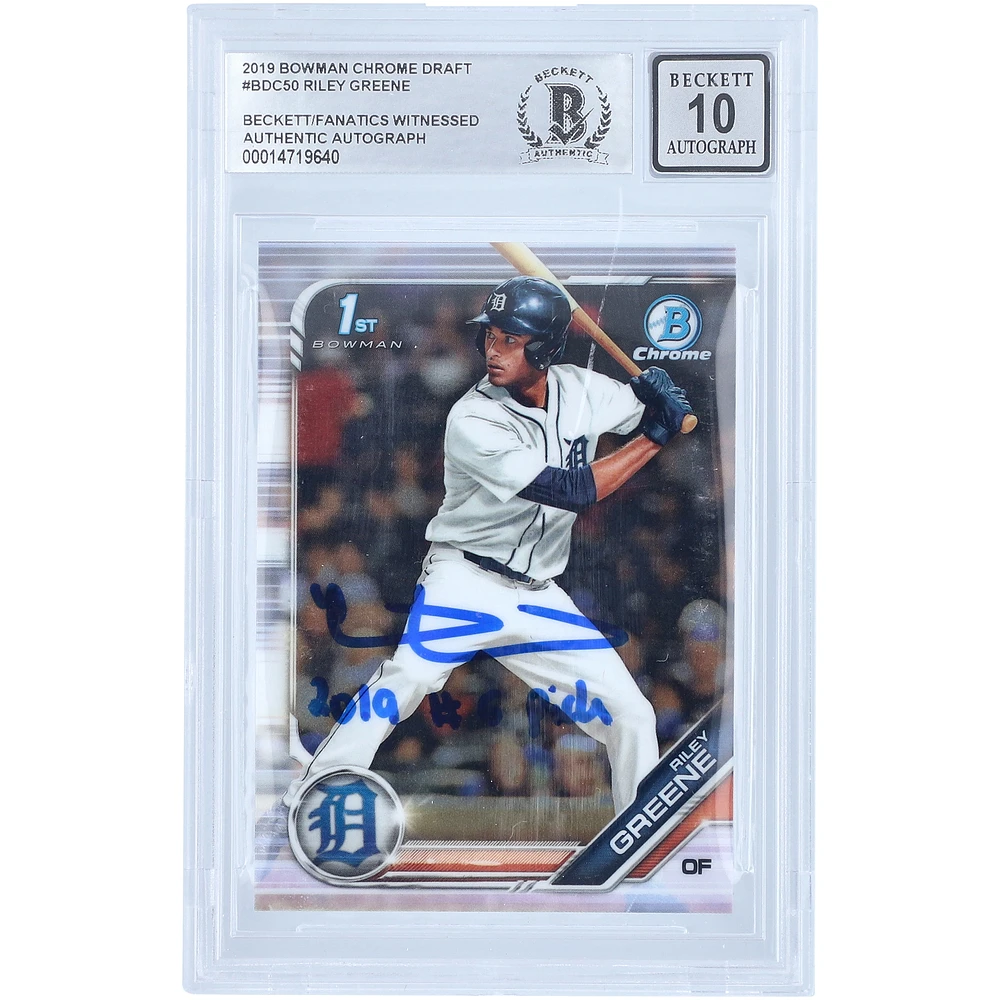 Riley Greene Detroit Tigers Autographed 2019 Bowman Draft Chrome MLB 1st Bowman #BDC-50 Beckett Fanatics Witnessed Authenticated 10 Card with "2019 #5 Pick" Inscription - 14719640