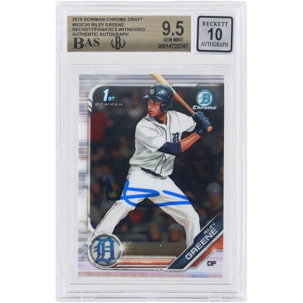 Riley Greene Detroit Tigers Autographed 2019 Bowman Draft Chrome MLB 1st Bowman #BDC-50 Beckett Fanatics Witnessed Authenticated /10 Card