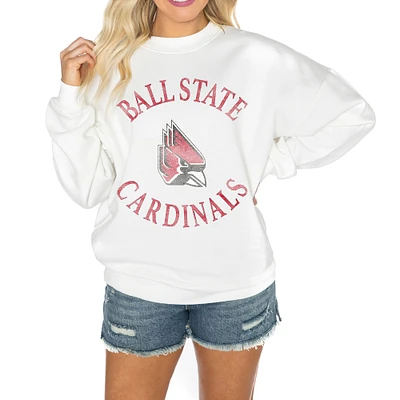 Women's Gameday Couture White Ball State Cardinals Oversized Good Vibes Premium Fleece Drop Shoulder Pullover Sweatshirt