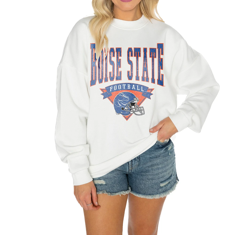 Women's Gameday Couture White Boise State Broncos Oversized Good Vibes Premium Fleece Drop Shoulder Pullover Sweatshirt