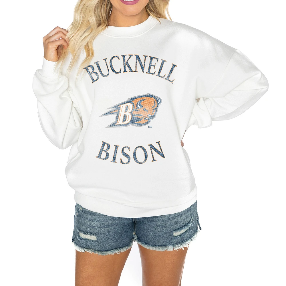 Women's Gameday Couture White Bucknell Bison Oversized Good Vibes Premium Fleece Drop Shoulder Pullover Sweatshirt