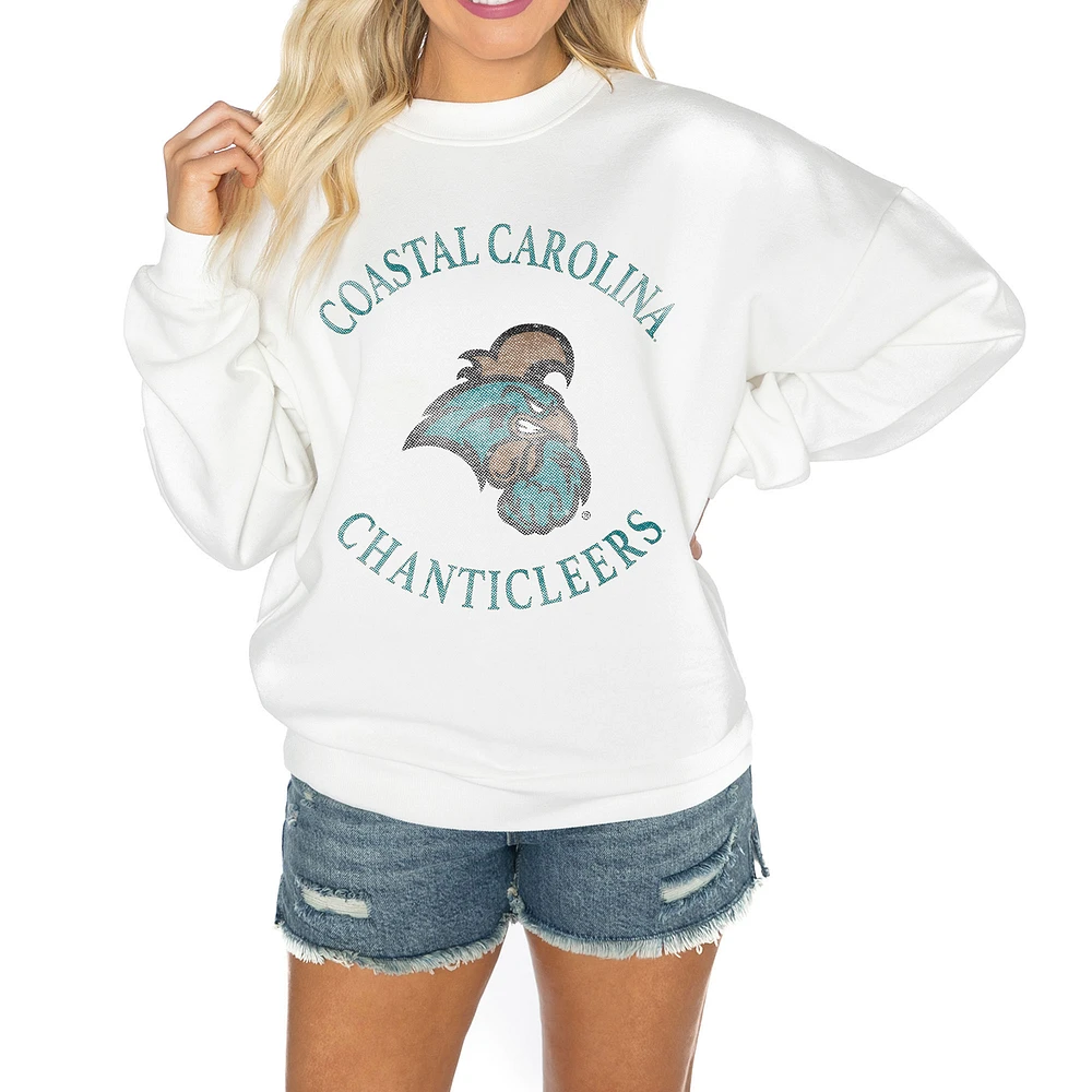 Women's Gameday Couture White Coastal Carolina Chanticleers Oversized Good Vibes Premium Fleece Drop Shoulder Pullover Sweatshirt