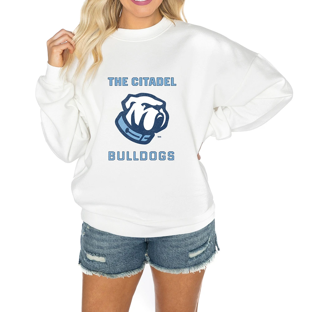 Women's Gameday Couture White Citadel Bulldogs Oversized Good Vibes Premium Fleece Drop Shoulder Pullover Sweatshirt