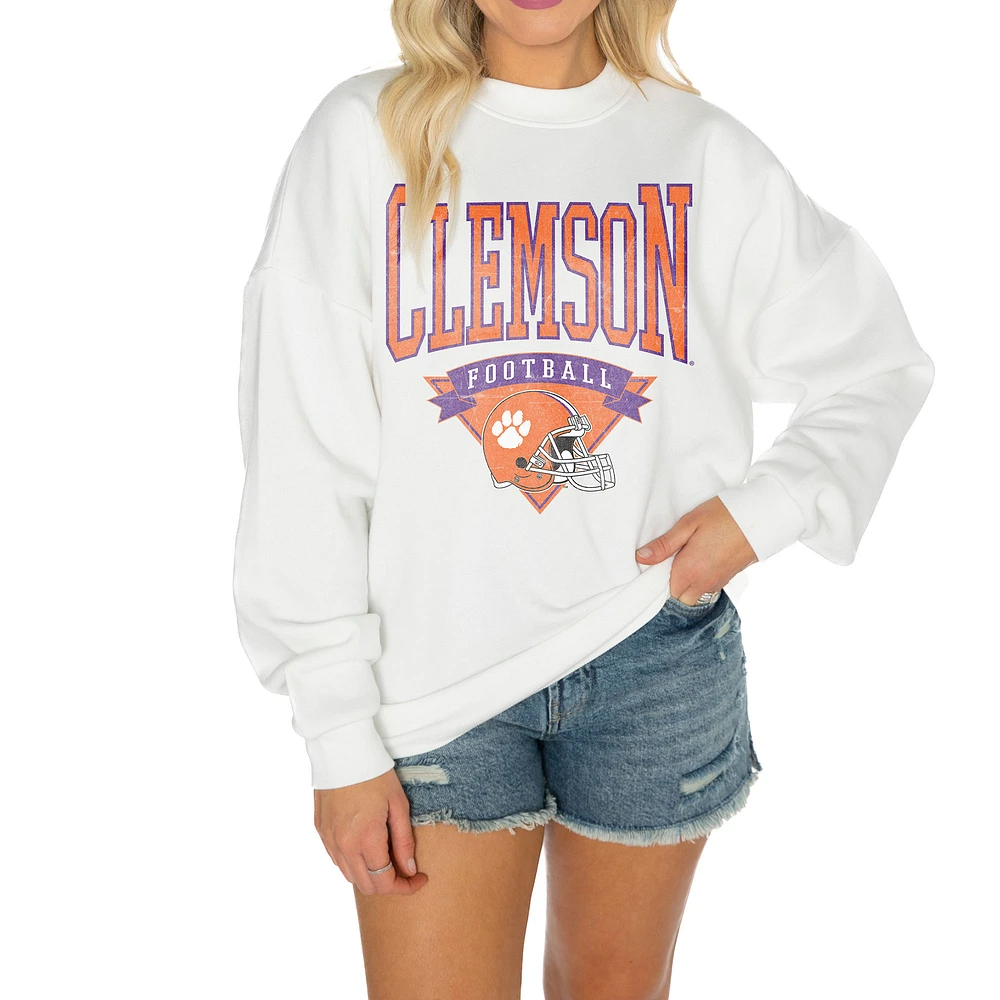 Women's Gameday Couture White Clemson Tigers Oversized Good Vibes Premium Fleece Drop Shoulder Pullover Sweatshirt