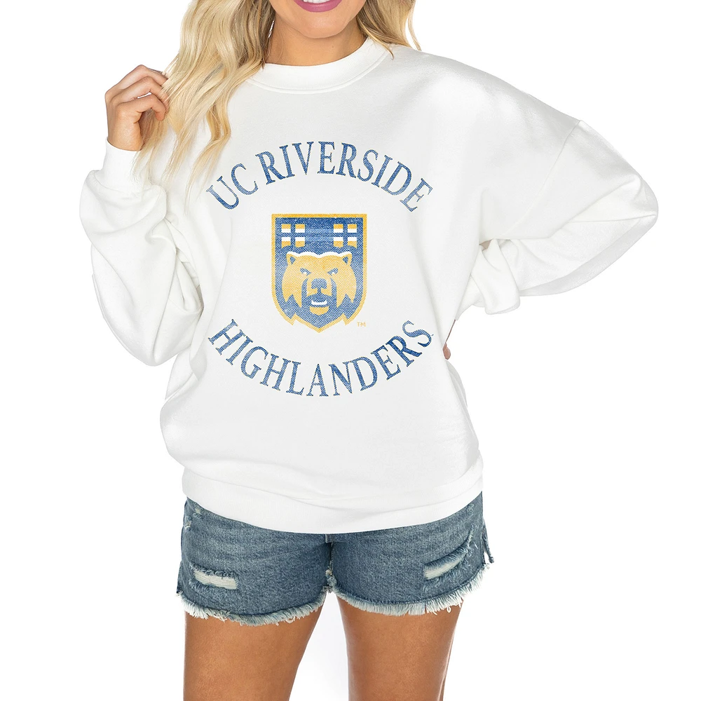 Women's Gameday Couture White UC Riverside Highlanders Oversized Good Vibes Premium Fleece Drop Shoulder Pullover Sweatshirt
