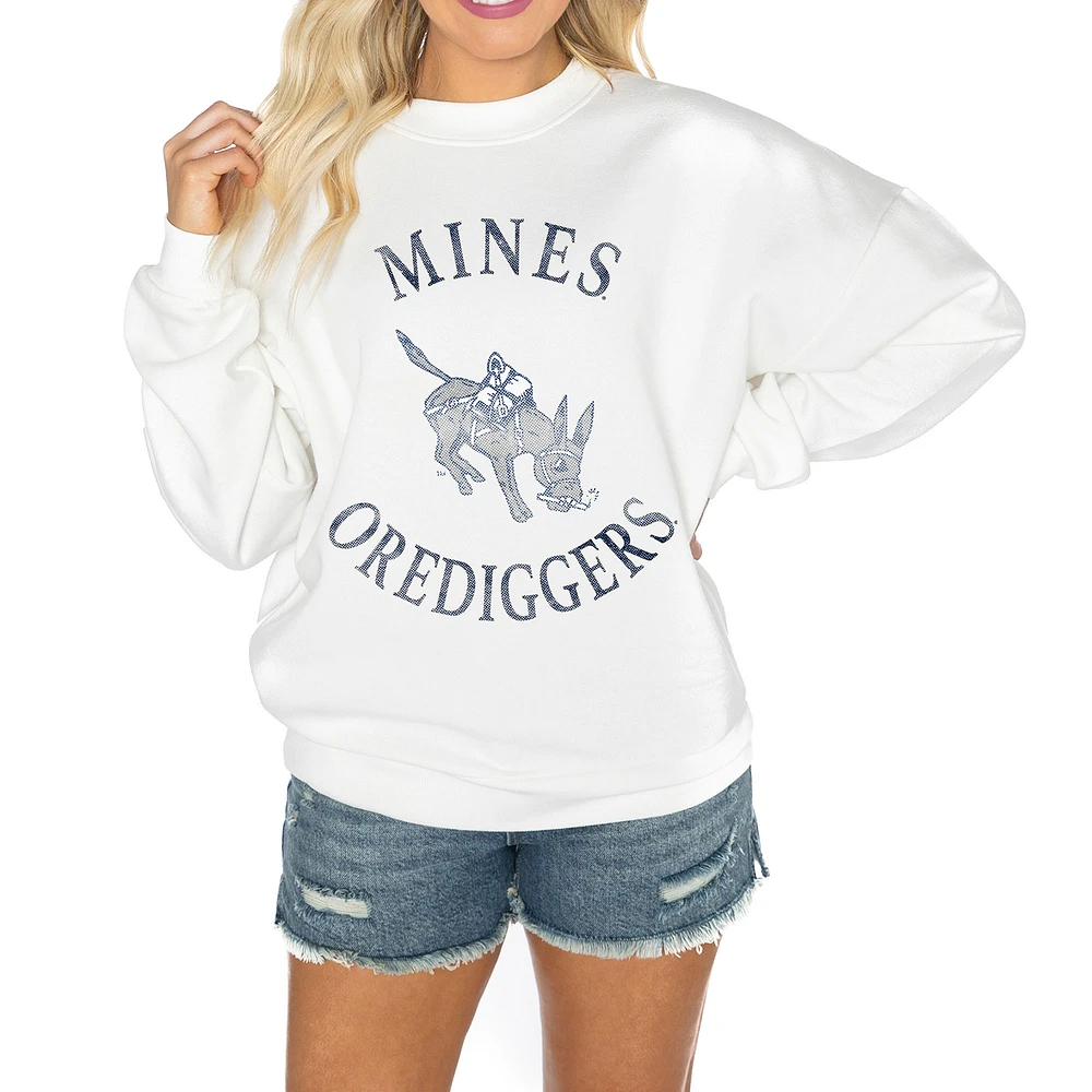 Women's Gameday Couture White Colorado School of Mines Orediggers Oversized Good Vibes Premium Fleece Drop Shoulder Pullover Sweatshirt