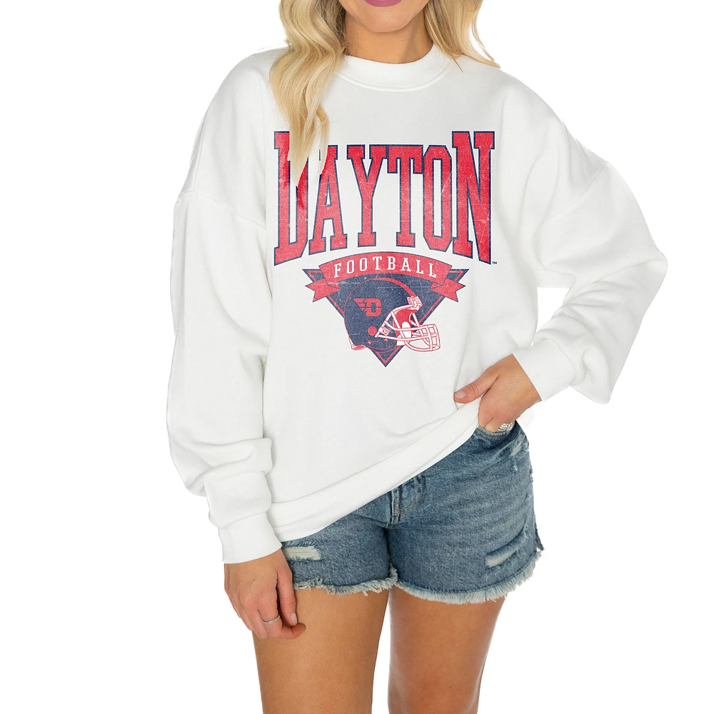 Women's Gameday Couture White Dayton Flyers Oversized Good Vibes Premium Fleece Drop Shoulder Pullover Sweatshirt