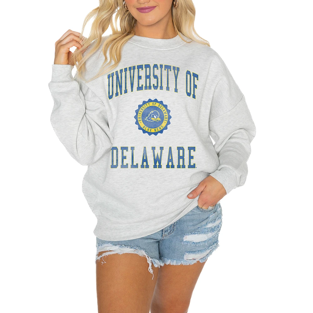 Women's Gameday Couture Steel Delaware Fightin' Blue Hens Oversized Good Vibes Premium Fleece Drop Shoulder Pullover Sweatshirt