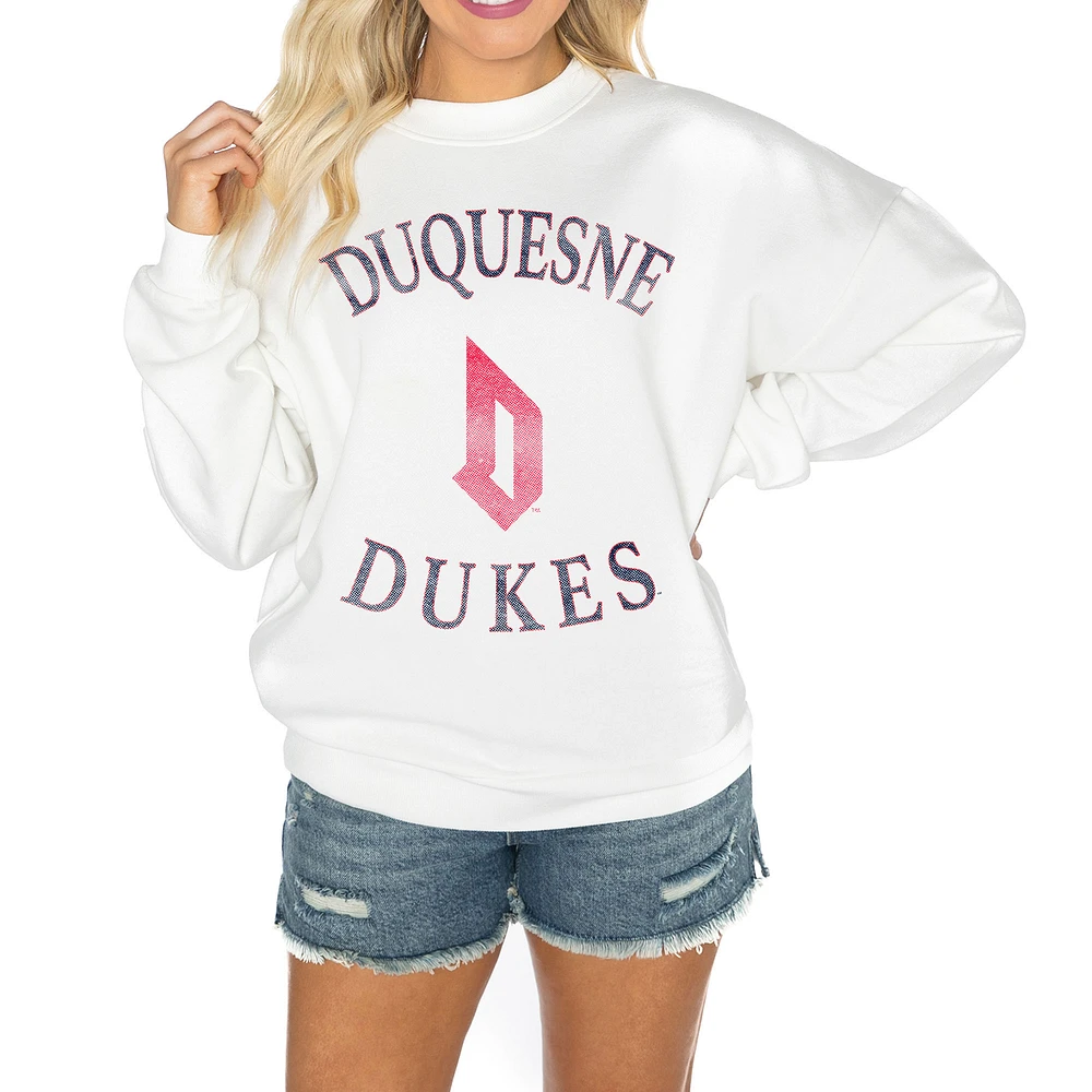 Women's Gameday Couture White Duquesne Dukes Oversized Good Vibes Premium Fleece Drop Shoulder Pullover Sweatshirt