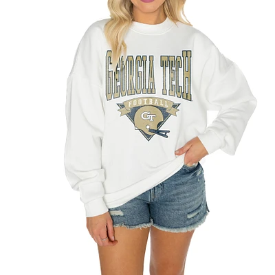 Women's Gameday Couture White Georgia Tech Yellow Jackets Oversized Good Vibes Premium Fleece Drop Shoulder Pullover Sweatshirt