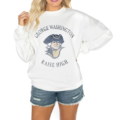 Women's Gameday Couture White George Washington University Oversized Good Vibes Premium Fleece Drop Shoulder Pullover Sweatshirt