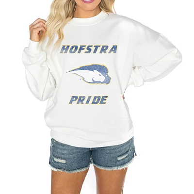 Women's Gameday Couture White Hofstra University Pride Oversized Good Vibes Premium Fleece Drop Shoulder Pullover Sweatshirt