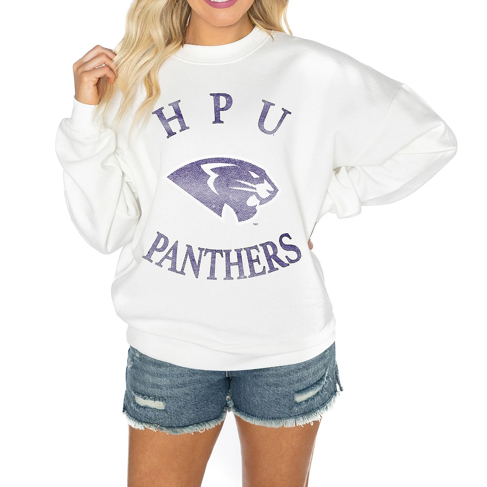 Women's Gameday Couture White High Point Panthers Oversized Good Vibes Premium Fleece Drop Shoulder Pullover Sweatshirt