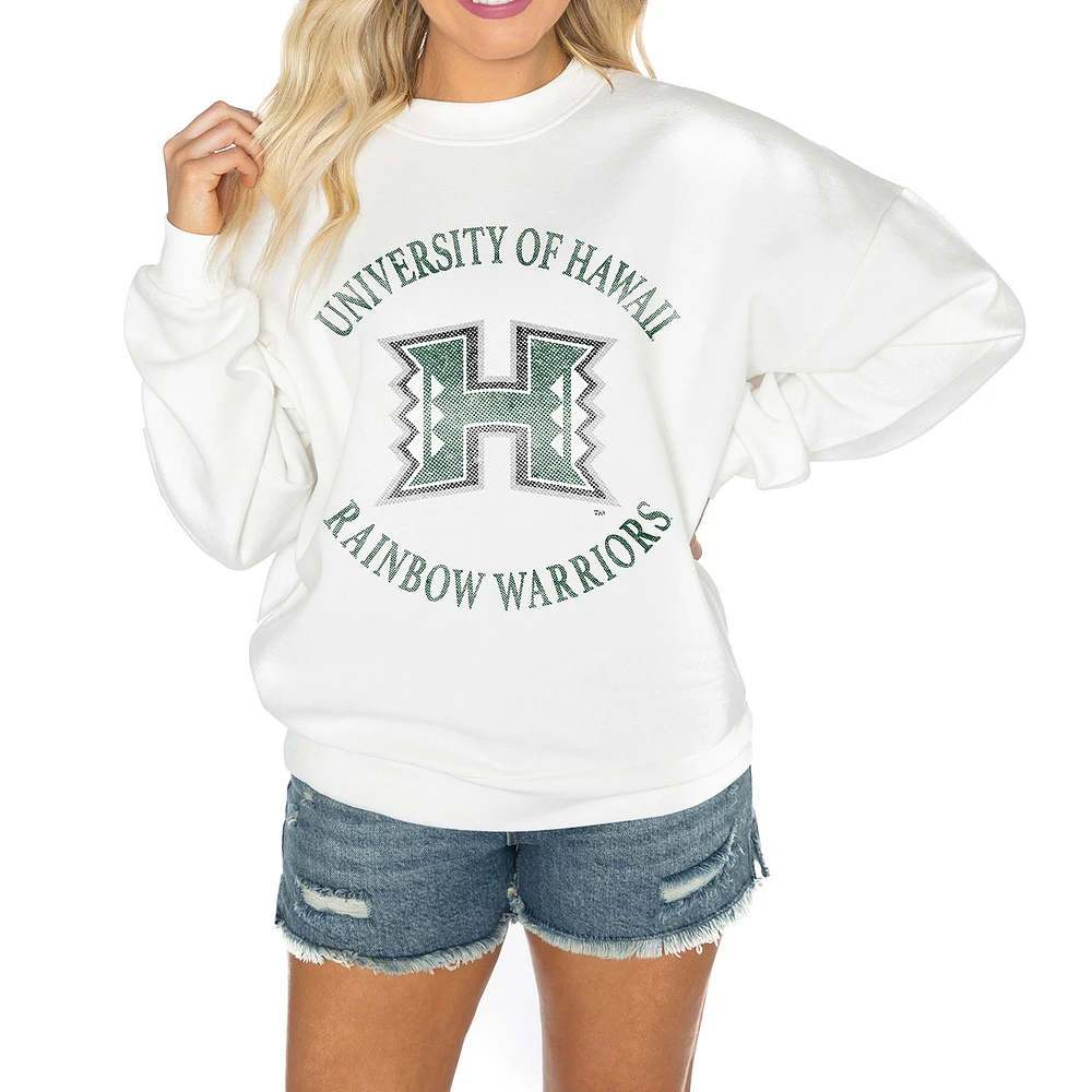 Women's Gameday Couture White Hawaii Rainbow Warriors Oversized Good Vibes Premium Fleece Drop Shoulder Pullover Sweatshirt