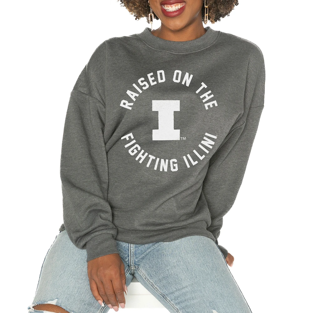 Women's Gameday Couture Charcoal Illinois Fighting Illini Oversized Good Vibes Premium Fleece Drop Shoulder Pullover Sweatshirt