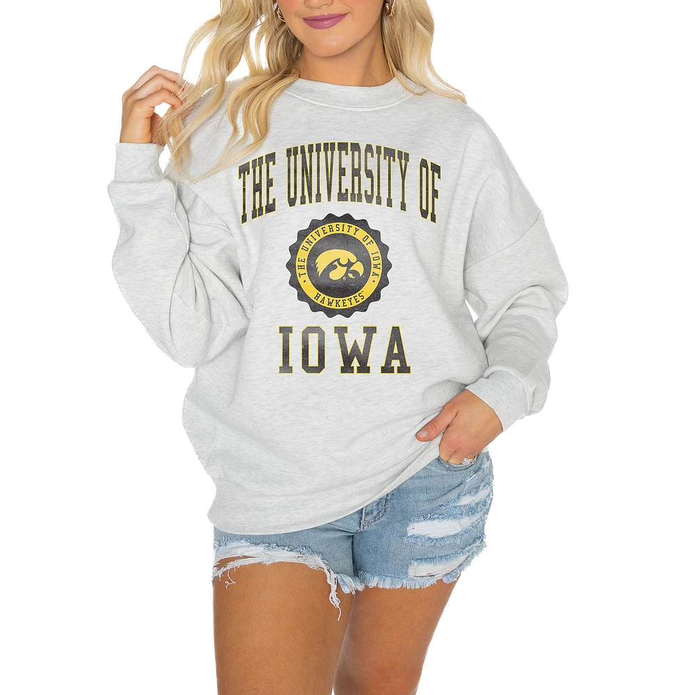 Women's Gameday Couture Steel Iowa Hawkeyes Oversized Good Vibes Premium Fleece Drop Shoulder Pullover Sweatshirt